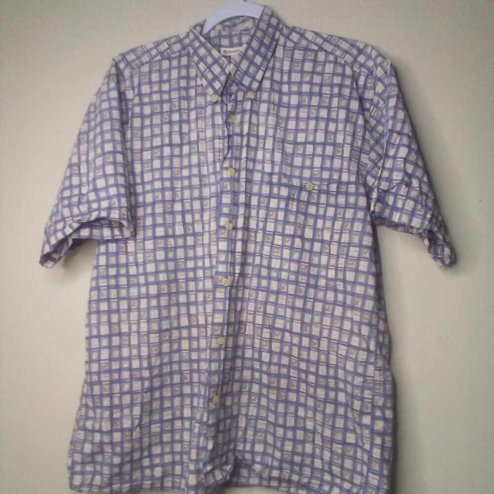 Burma Bibas Shirt Men M Short Sleeve Button Down Pattern Blue Tan